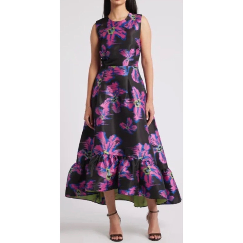 Chelsea‎ 28 Floral Jacquard High Low Ruffle Midi Dress Black Pink Blue Size 6 Z7